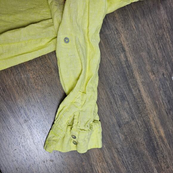 Sigrid Olsen Yellow 100% Linen Button Front Shirt XL Long Sleeve Roll Tab Top - Picture 4 of 7
